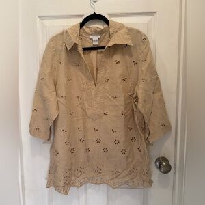 Avenue Beige eyelet Embroidered Tunic blouse 18/20 Vneck 100% Ramie